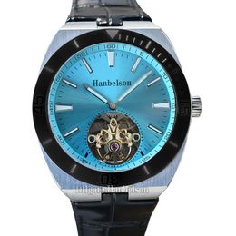 Mens watch Ice blue Tourbillon Hollow dial Luminous Automatic movement Leather strap gentleman Wristwatch 42mm323K