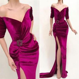 Velvet Mermaid Prom Dresses Off Shoulder Half Sleeves Pleats Side Split Evening Dress With Sash Beads Party robe de soiree274M