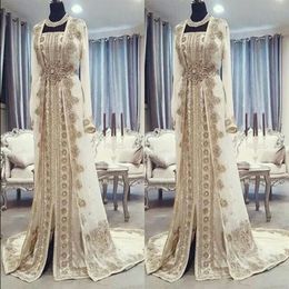 Moroccan Caftan Kaftan Evening Dresses Dubai Abaya Arabic Long Sleeves Amazing Gold Embroidery Square-Neck Occasion Prom Formal Go243P