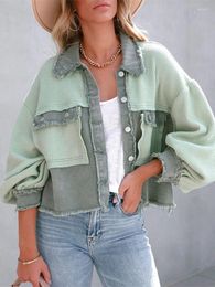 Women's Jackets 2023 Walf Cheques Spliced Short Jacket Women Washing Water Coat Spring Autumn Casual Tops Lady Rough-edges Patchwork