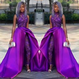 Purple Lace Stain Evening Jumpsuit With Train 2023 High Neck African Plus Size Classic Occasion Prom Pant Suit Dress Wear3226