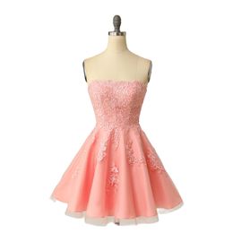 Short Homecoming Dresses Appliques Lace-up A-Line Strapless Tulle Party Gowns Princess Plus Size Mini Birthday Prom Graudation Cocktail Party Gowns 89