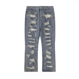 Men's Jeans Original Blue Torn Micro Flared Mens Destroyed Pleated Jean Baggy Y2k High Street Hole Washed Ripped For Female