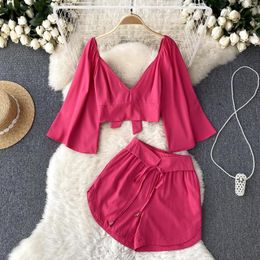Women's Tracksuits Clothland Women Stylish Crop Top Skirt Suit V Neck Back Bow Tie Flare Sleeve Short Shirt Mini Shorts Sexy Two Piece Set
