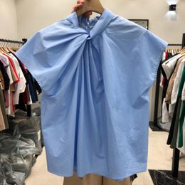 Women's Blouses Fashion Design Pleated Solid Women Blouse Summer Stand Collar Sleeveless Slim Elegant Female Pulls Tops