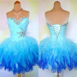 Organza Puffy Short Prom Dresses Sweetheart Beaded Ruffles Pleated Lace Up Sweet 16 Ball Gown Homecoming Dresses Real Pos318U