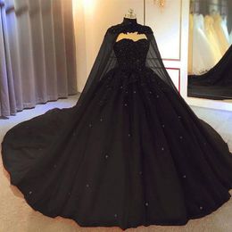 Classical Sweetheart Applique Scattered Crystals Cathedral Train Black Gothic Batman Quinceanera Ball Gown With Detachable Cape Cl202x