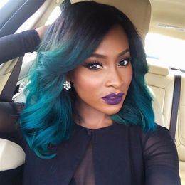 Ombre Lace Front Human Hair Wigs BOB T1b Sky Blue Malaysian Virgin Hair Two Tone204r