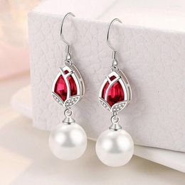 Dangle Earrings Rose Red Crystal &White Pearl Ruby Zircon Diamonds Gemstones Drop For Women 14k Gold Silver Colour Jewellery Brincos Gifts