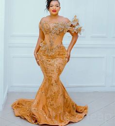 2023 Aso Ebi Gold Mermaid Prom Dress Beaded Crystals Evening Formal Party Second Reception Birthday Engagement Gowns Dresses Robe De Soiree ZJ7648