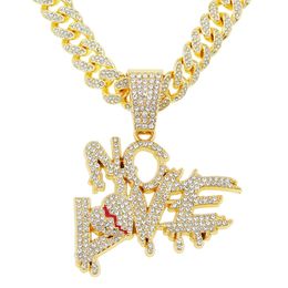 Hip Hop Rapper Men shiny diamond pendant gold necklace Iced out Broken heart NO LOVE letters pendant micro-inset full zircon jewelry night club 50cm Cuban chain 1548