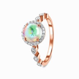 European and American retro S925 round moonstone rose gold wave ring female minority design feeling simple