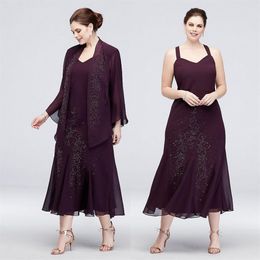 Grape Mermaid Plus Size Beaded Mother Of The Bride Dresses With Long Sleeves Jackets Wedding Guest Dress Tea Length Chiffon Evenin243T