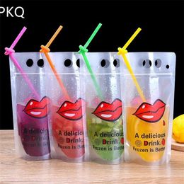 50pcs 400-500ml Plastic Drink Packaging Bag Pouch for Beverage Juice Milk Coffee Package With Handle Holes Straw3001