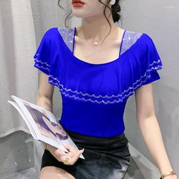 Women's T Shirts Summer Ruffles Mesh Square Collar T-Shirts Women Short-Sleeved Diamonds TShirt Femme Fashion Patchwork Tops Tees