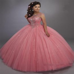 Calypso Ball Gown Quinceanera Dresses Illusion Scoop Neck and Lace Up Back Bling Bling Crystals Sweet 15 Dress Pageant Party Dress323r
