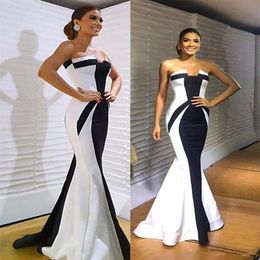 Ebi Arabic Evening Dresses 2020 Simple Sexy Cheap Mermaid White and Black Prom Dresses Formal Party Gowns2709