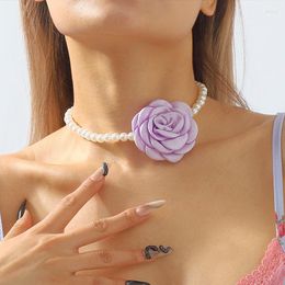 Choker 6 Color Kpop Pink Rose Flower Necklace Women Wed Bridal Goth Imitation Pearl Clavicle Chain Aesthetic Jewelry