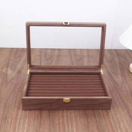 Jewelry Pouches Glass Lid Display Organizer Wooden Box Holder Storage Case