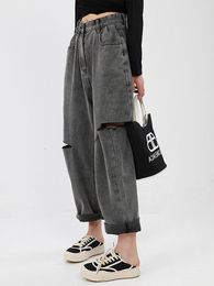 Women's Jeans S-XXXXL Vintage Holes Baggy Women Pants Loose Casual Wide Leg Ankle-Length Trousers Girls Grey Denim 2023 Fashion