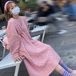 Casual Dresses Autumn Winter Over Knee Twist Sweater Dress Loose Knit Solid Women For Green Pink Yellow