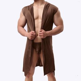 Men's Sleepwear 2023 Mens Light Solid Color Sexy Silky Hat Sleeveless Hooded Housewear Bathrobe Polyester Pajamas Pyjamas Home Lounge