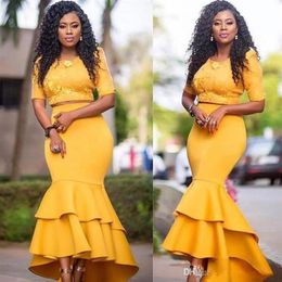Elegant South African Yellow Two Pieces Prom Dresses Satin Tiered Half Long Sleeves Mermaid Evening Gowns Cocktail Party Dress Che2500