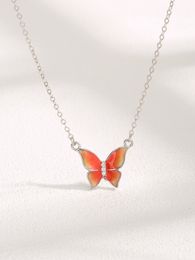 2023 Fashion New Art S925 Sterling Silver Drop Gel Inlaid Zircon Orange Butterfly Necklace Women's Versatile Style Necklace