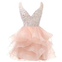 Sweet Sexy Backless Deep V-Neck Crystal Sequins Mini Ball Gown Homecoming Dress With Beading Plus Size Graduation Cocktail Prom Pa1912