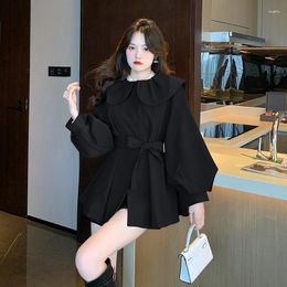 Women's Trench Coats British Style Doll Collar Windbreaker Women 2023 Spring Autumn Lantern Sleeve Waist Overcoat Female Medium To Long Coat