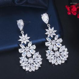 Dangle Earrings ThreeGraces Luxury Cubic Zirconia Big Long Drop Flower Wedding For Women Bridal Party Costume Jewellery ER479