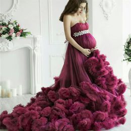Maternity Women Evening Dresses Purple Long Luxury Ruffled Baby Shower Gown Poshoot Crystal Bathrobe Nightwear Pregnancy Dress235G