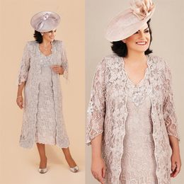 Plus Size Mother Of The Bride Dresses With Long Jacket Lace Knee Length Long Sleeve Ann Balon Mother Of The Bride260a