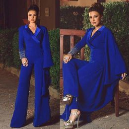 2021 Sapphire Blue Evening Dresses Rhinestone Pearls Prom Dress Long Sleeve Pants V Neck Special Occasion Dresses211a