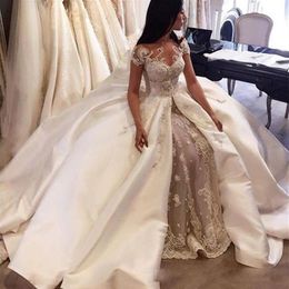 Luxury Saudi Arabia Ball Gown Wedding Dresses with Overskirt Cap Sleeve Lace Applique Satin Bridal Gowns Custom Made Dubai Wedding3169