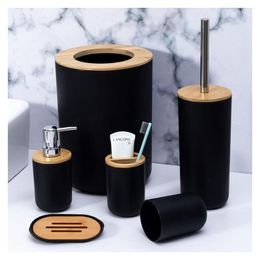 Bath Accessory Set Black Bathroom Accessories Sets Toothbrush Holder Soap Dispenser Toilet Brush Trash Can Toothpaste Essential