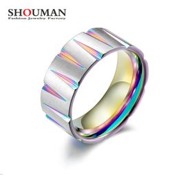 SHOUMAN Rainbow Colour V Shape Groove Titanium Steel Wedding Rings For Men Anillo Masculino Gifts Accessories