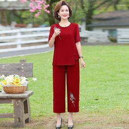 Women's Two Piece Pants 2023 Middle Women Summer Dress Loose Suit Short-sleeved Wide-leg 2 Sets Large Size Embroidered Shirt