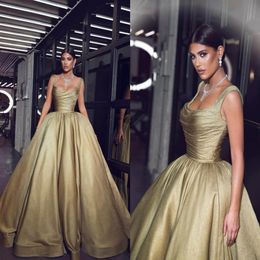 2019 Gold Square Neck Evening Dresses Floor Length Prom Party Gown Ruched Ball Gown Formal Occasion Dresses2785