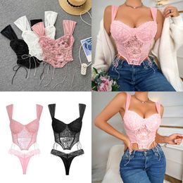 NXY Applique Floral Corselets Sheer Mesh Lace Up Lingerie Bustier Straps Cupped Corset-style Tank Top For Women Sexy lingerie Look 230717