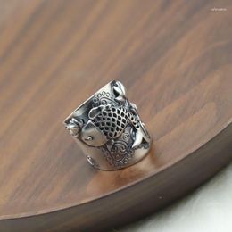 Cluster Rings Handmade Silver Open Ring Carved Pattern Fish Brushed Wide Version Jewellery Ethnic Men And Women