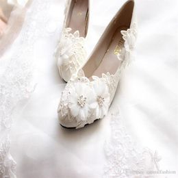 New Arrival Pearls Lace Flowers White Wedding Shoes Flats 3CM-8CM Bridal Heels With Pearl Strap Pointed Toe Heel With High Quality229q