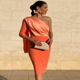 robe de soriee New Long Sleeve Short Cocktail Party Dresses With Cape One Shoulder Women 2020 Formal Sexy Orange Prom Gowns2863