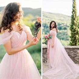 Blush Pink Garden Wedding Dresses 2021 Selling New Court Train A-Line Off-the-shoulder Boho Tulle Bridal Gowns Vestidos De Noi245A