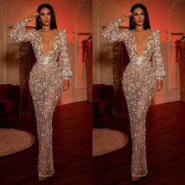 2021 Luxurious Beaded Evening Dresses Long Sleeves Deep V Neck Mermaid Prom Dress See Through Sexy Party Second Reception Gowns244K