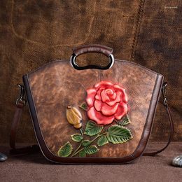 Evening Bags Genuine Leather Top Handle Bag Female Handbag Flower Pattern Natural Skin Vintage Women Single Shoulder Tote