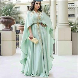 Mint Green Formal Evening Dresses with Long Sleeves Luxury Gold Embroidery Detail Kaftan Caftan Arabic Abaya Occasion Prom Dress258K