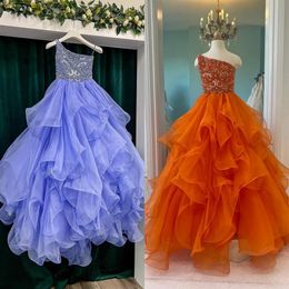 Periwinkle Girl Pageant Dress 2023 Crystals Ruffles Organza Ballgown Little Kids Birthday One Shoulder Formal Party Wear Gown Infa249K