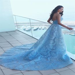 New Arrival Baby Blue Mermaid Prom Dresses Lace Applique Spaghetti Straps Backless Court Train Formal Evening Wear Party Gowns Cus282T