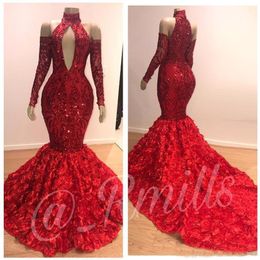 Red Sparkling Sequins Mermaid Prom Dresses High Neck Long Sleeves Lace 3D Floral Sweep Train Formal Party Dresses Evening Dresses266E